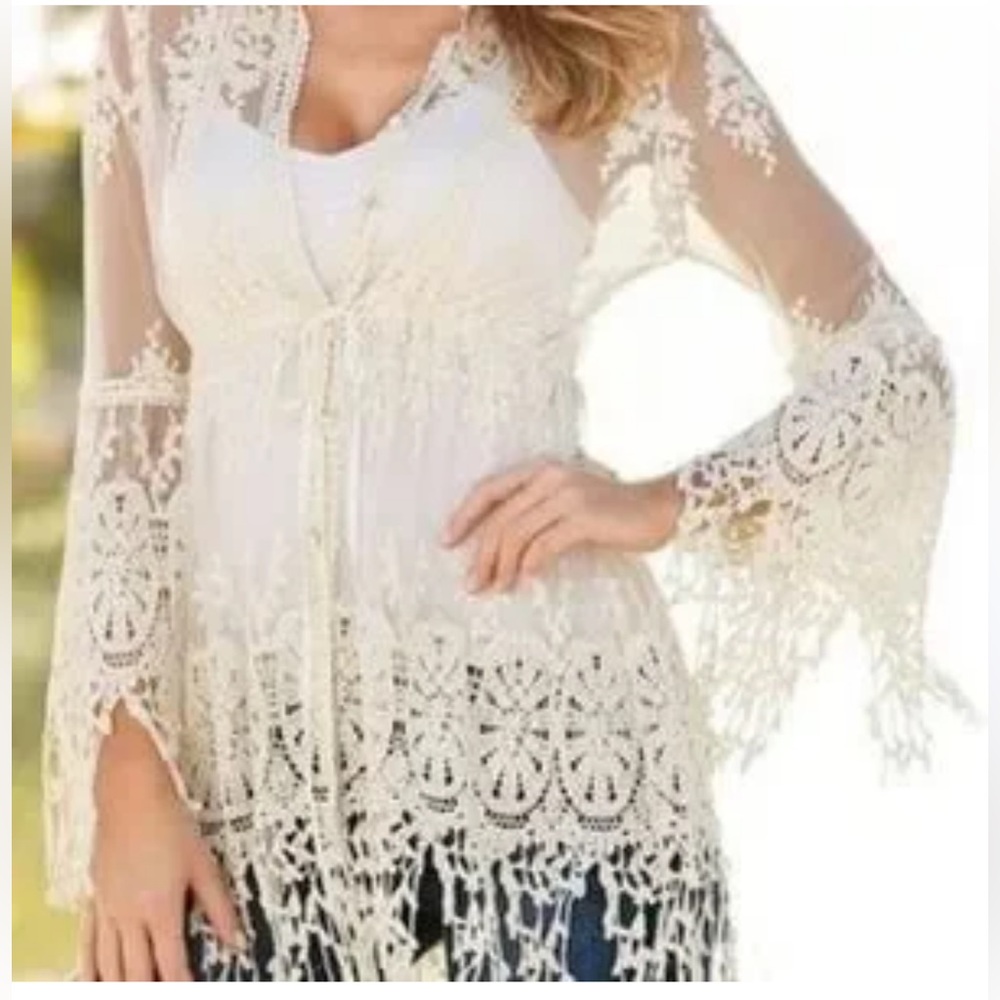 Given Kale ivory crochet mesh fringe buttoned down sheer bell sleeves‎ too Sz L
